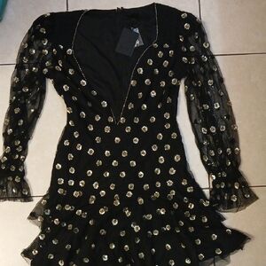 NBD Black and White Fit and Flare Dress with Plunge Neckline